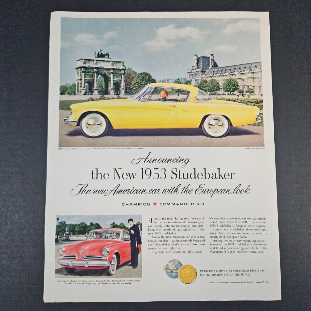 1953 Studebaker Starliner Coupe Vintage Print Ad Champion Commander V8 Indiana